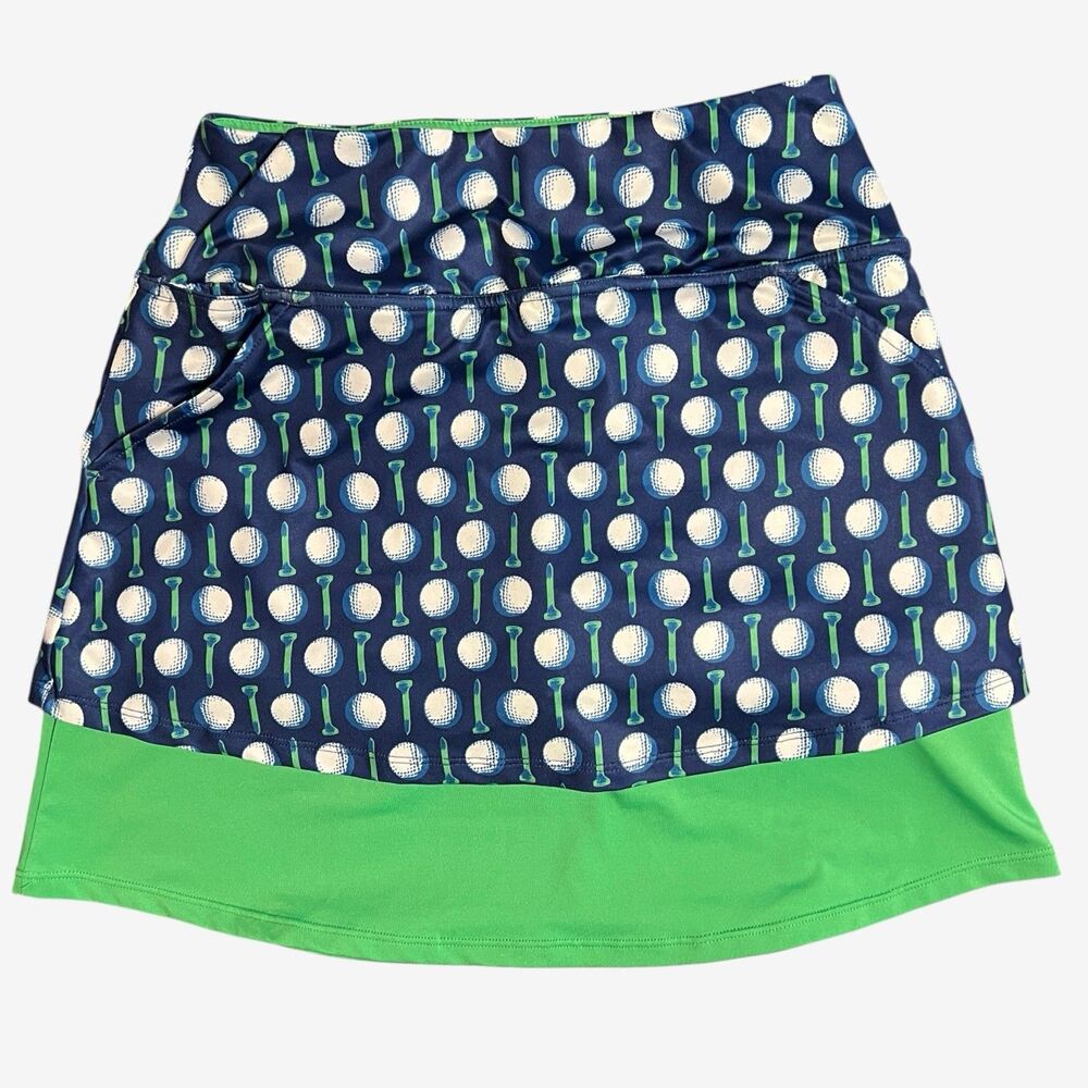 Birdies And Bows womens golf skort XS blue green ball and tee print